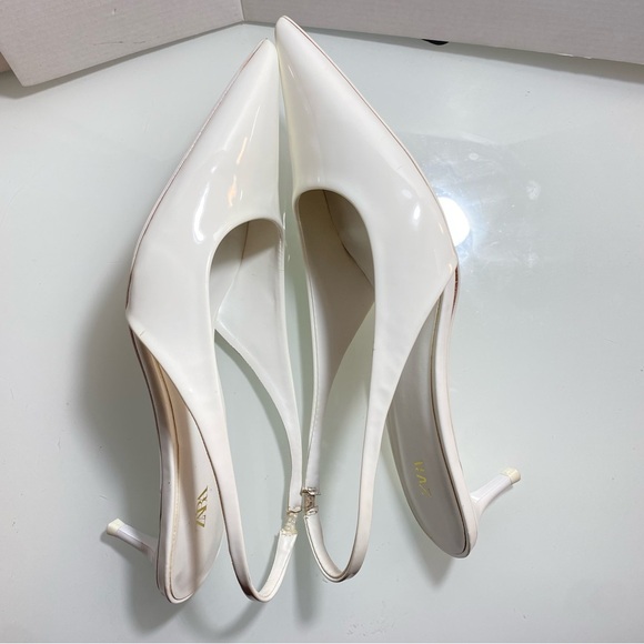 Zara White Slingback low Heels Pointed Toe Faux Patent leather EU40 US9M - Picture 8 of 11